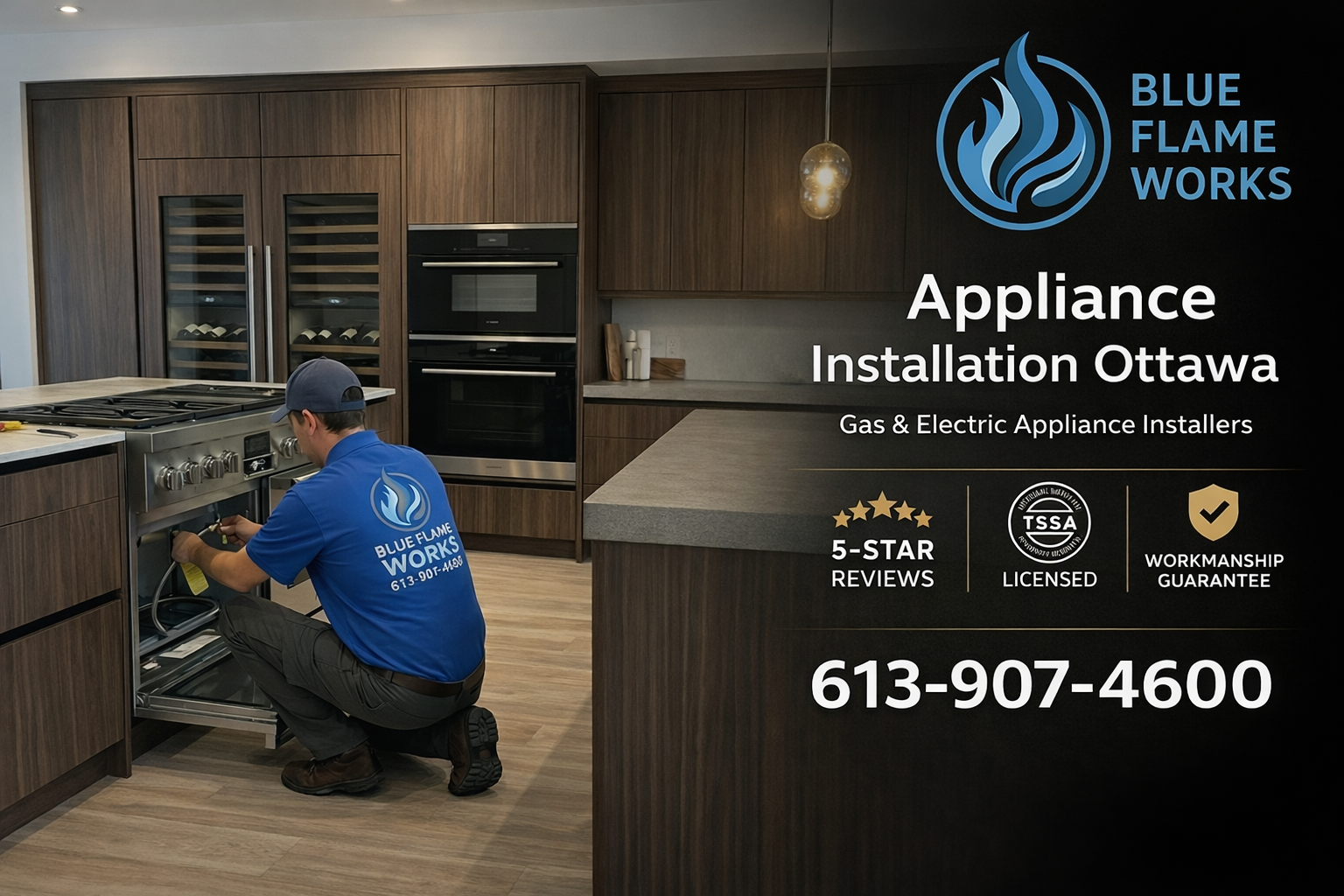 Blue Flame Works ad showing technician installing a range in kitchen with Ottawa contact number.