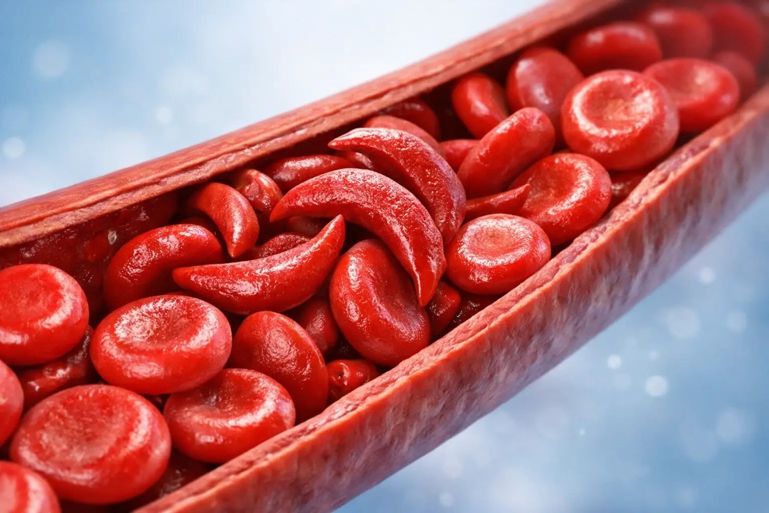 Medical illustration showing sickle-shaped red blood cells blocking blood flow