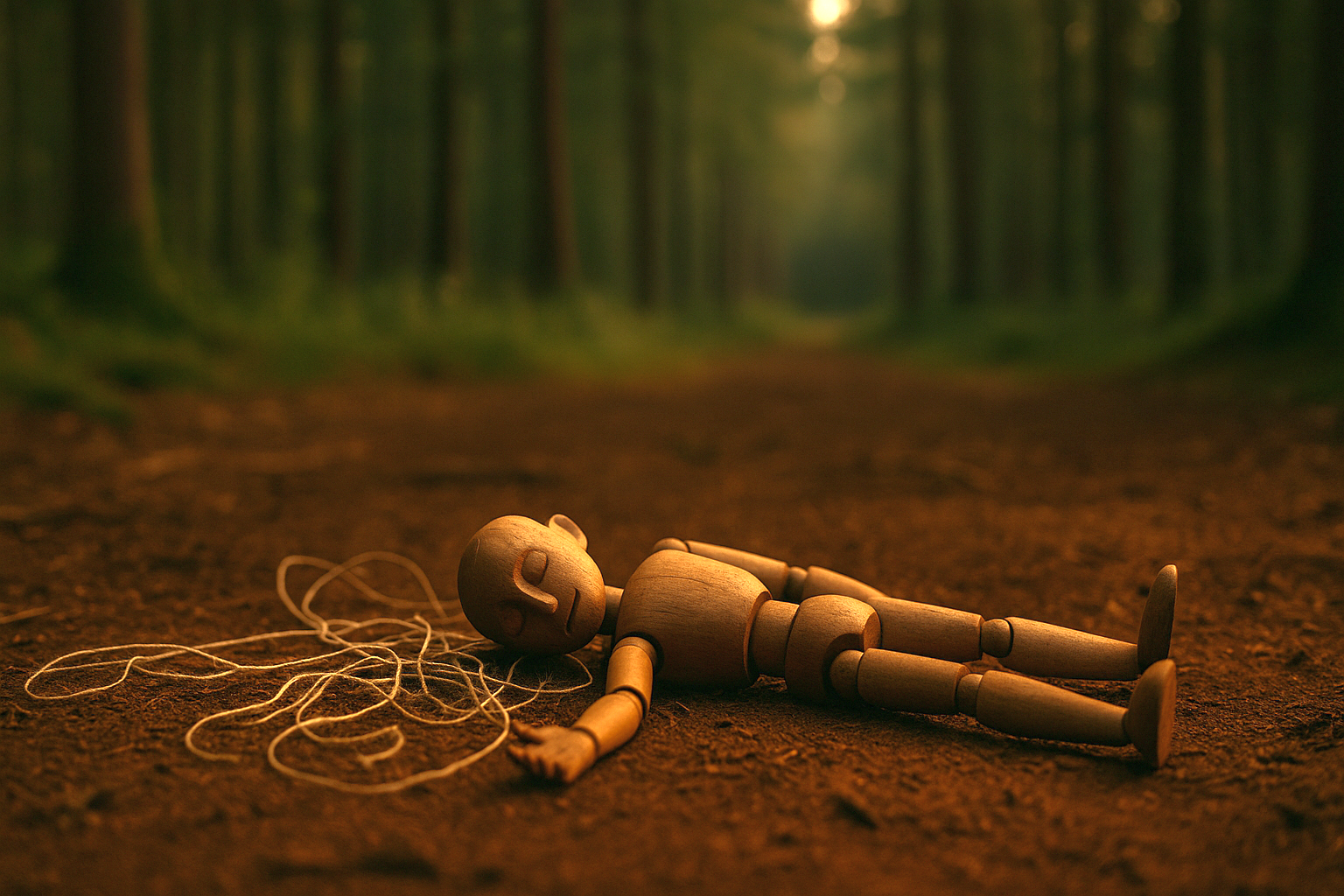 a wooden doll laying on the ground in a forest
