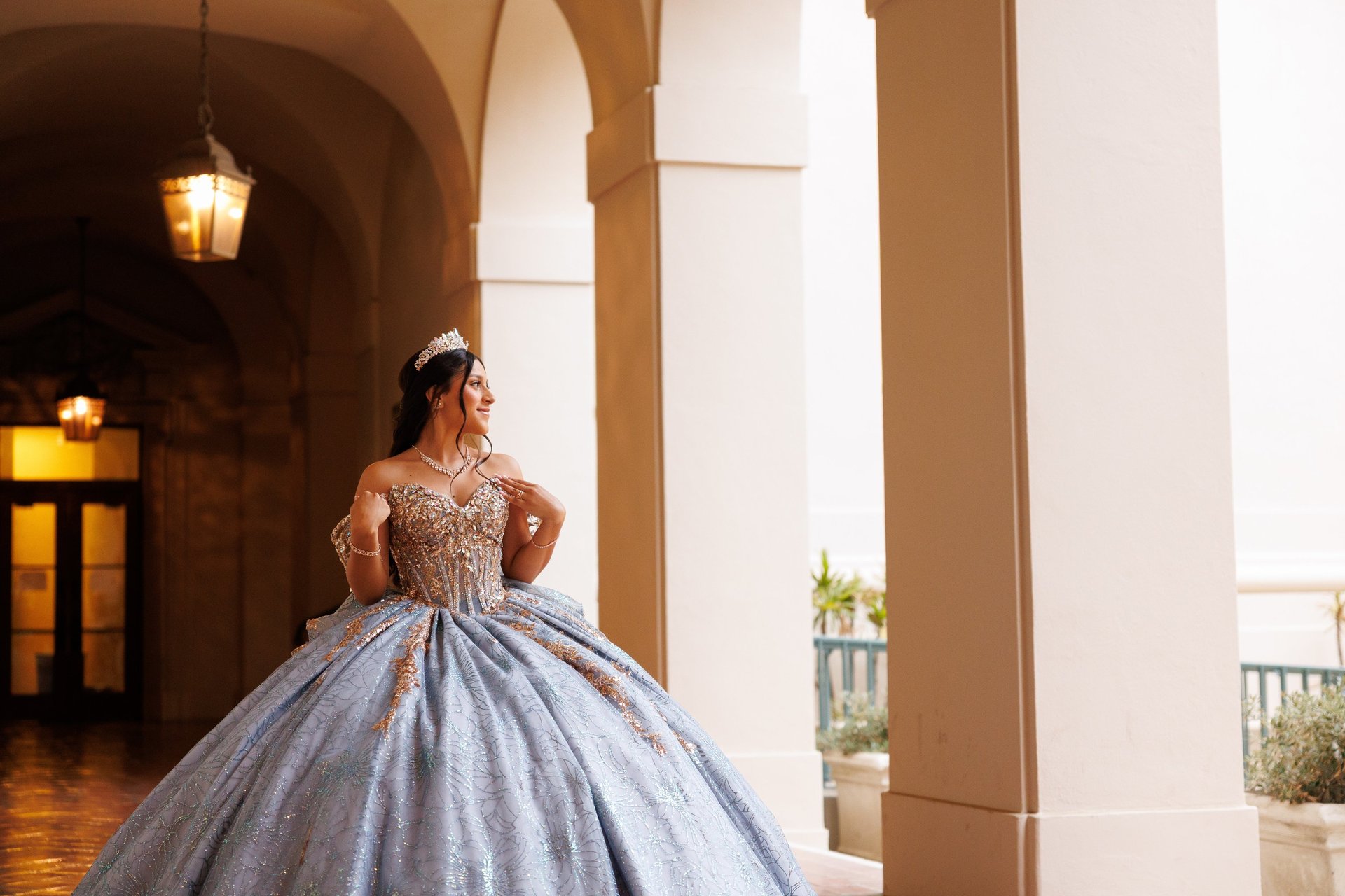 a Quinceañera  in a blue dress at Pasadena City Hall