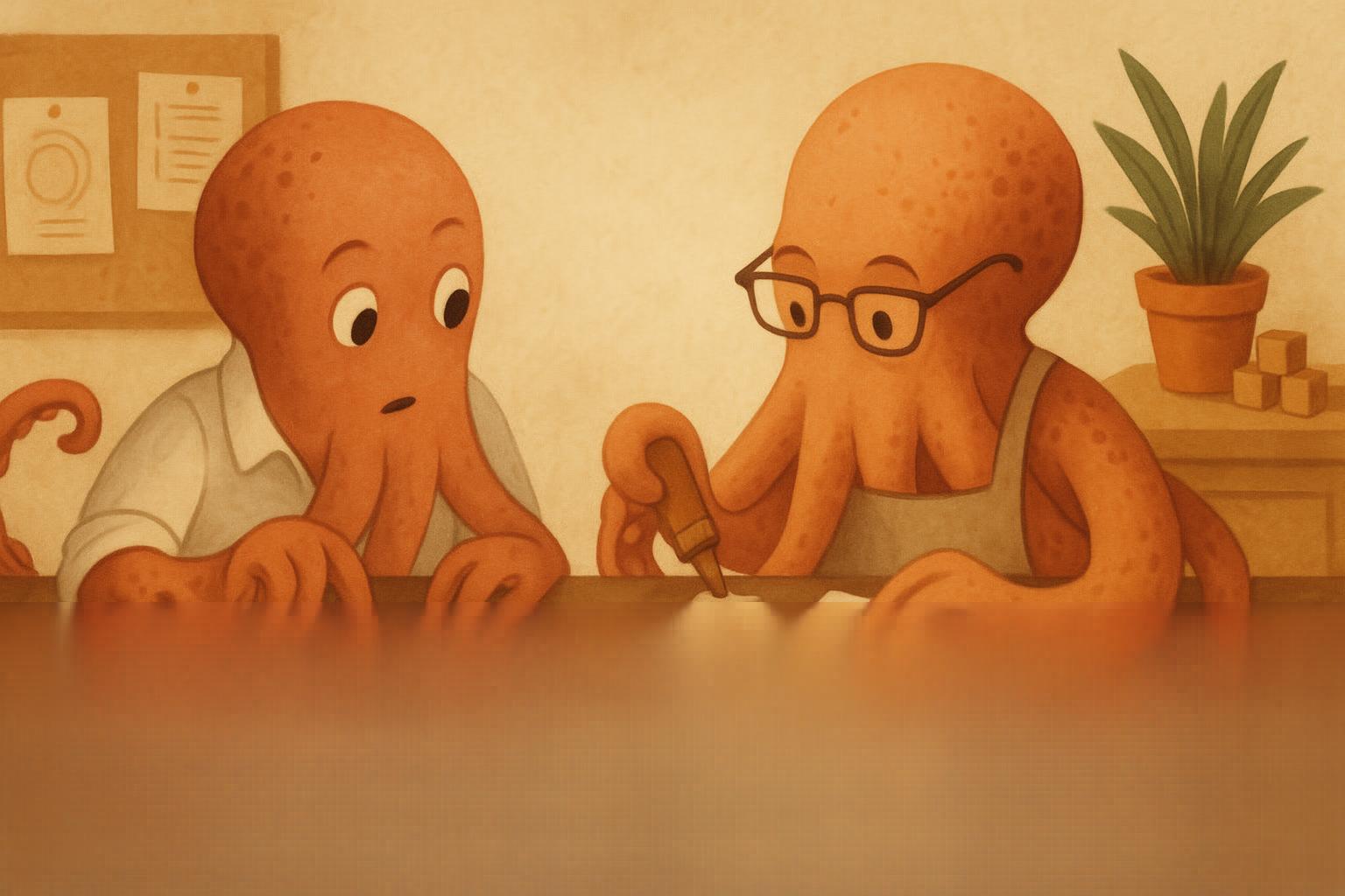 a couple of octopuss are sitting at a table