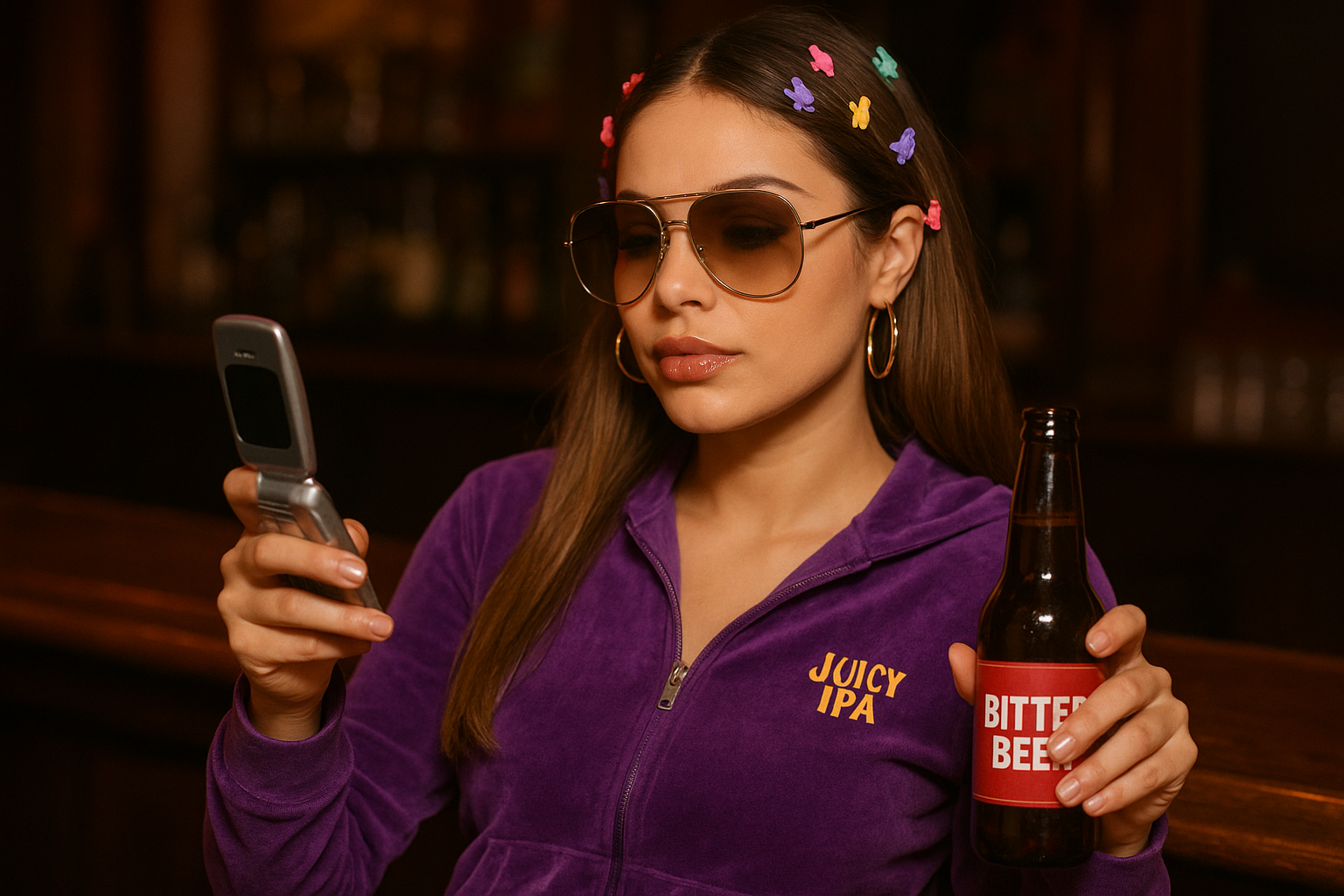 AI generated image of a young woman in a track suit looking at phone