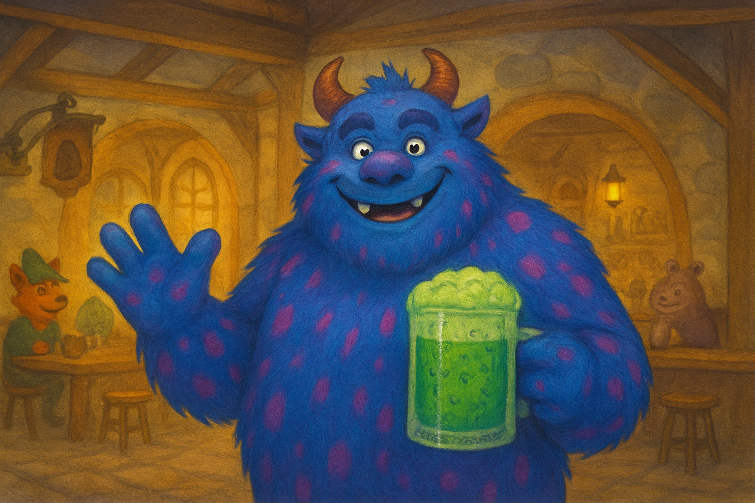 a blue monster holding a green beer