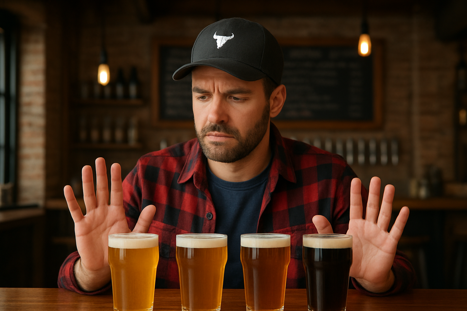 bearded man staring at a row of glasses looking confused