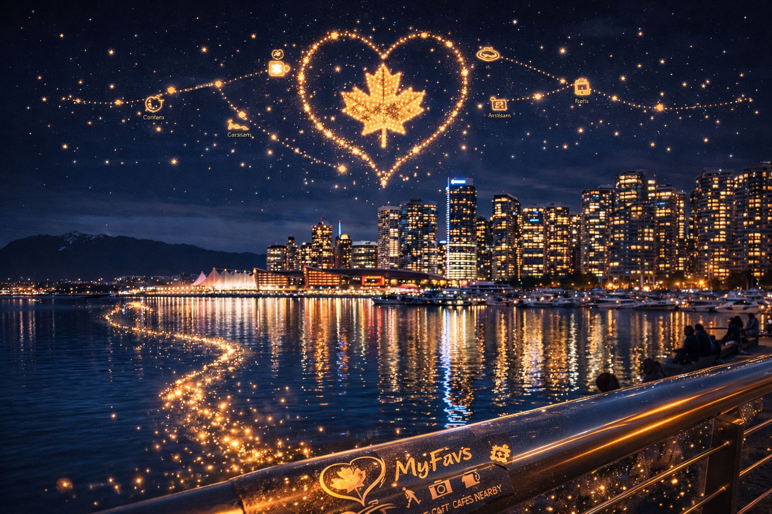 Coal Harbour Vancouver skyline at night reflected in calm water with MyFavs golden discovery trail