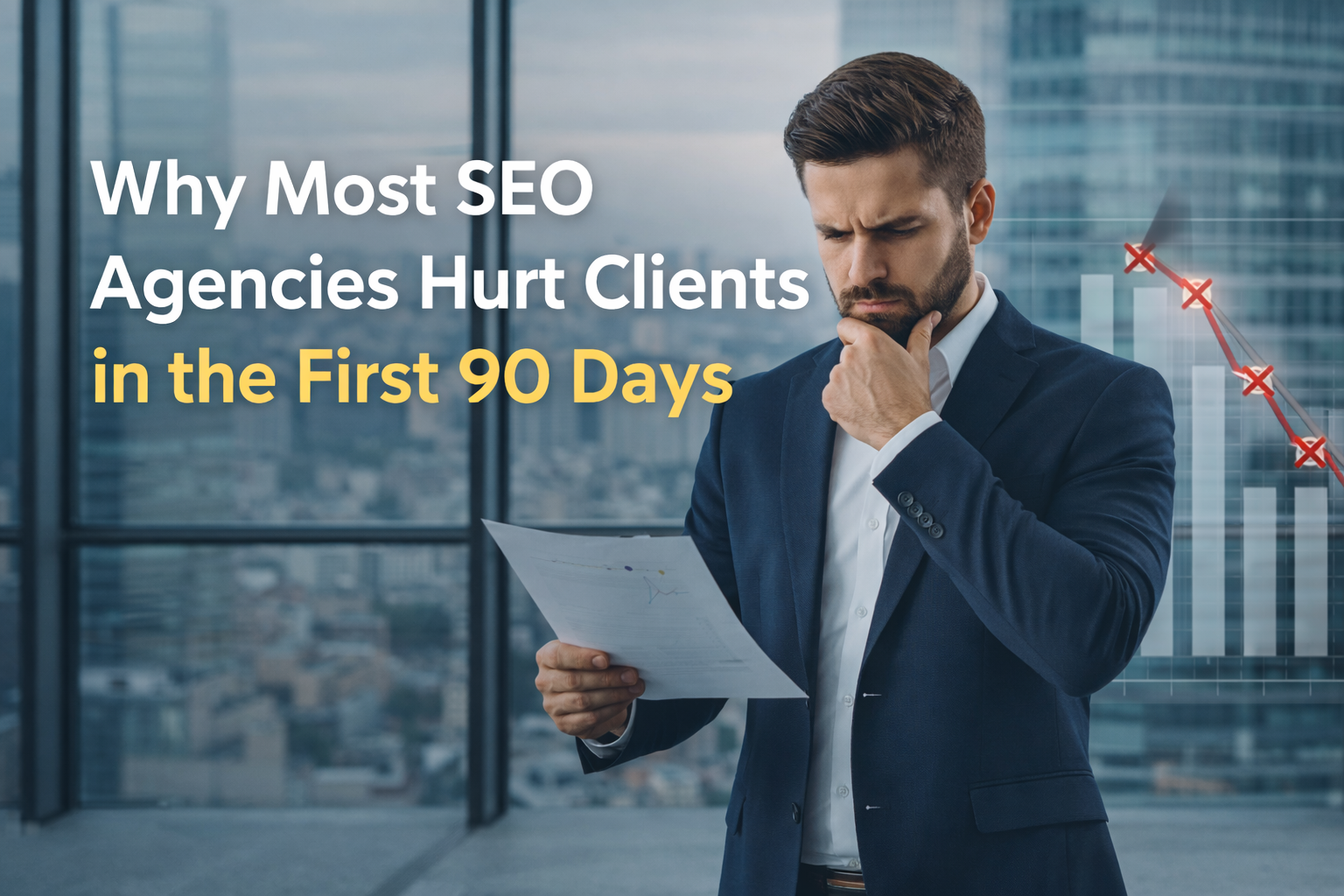 Business owner reviewing SEO report showing early ranking decline during the first 90 days of an SEO