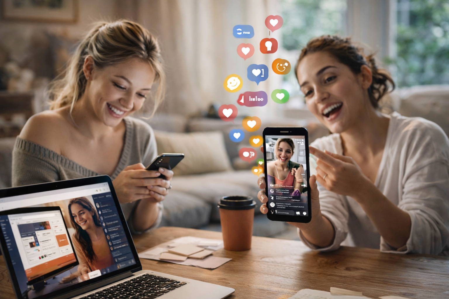 Two female creators using smartphones and a laptop to interact with their followers