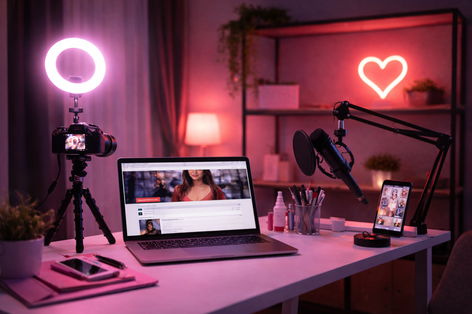 Content creator workspace with camera, ring light, microphone and laptop in a modern home studio