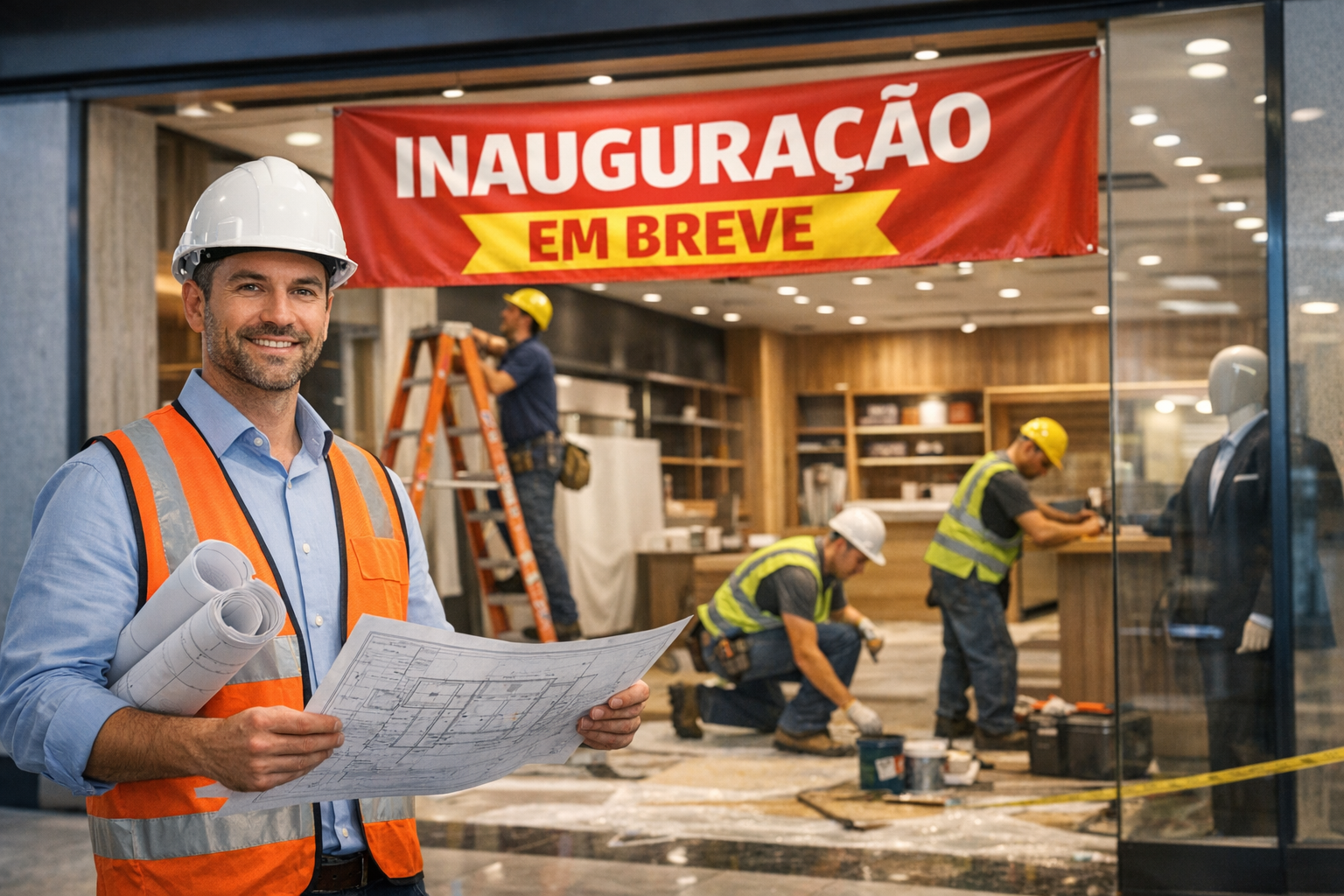 Engenheiro acompanhando obra comercial em shopping com equipe finalizando loja para inauguração em M