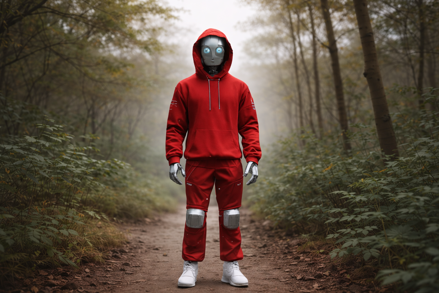 Humanoid figure in a red hoodie on a quiet forest path, reflecting mindful and intentional living.