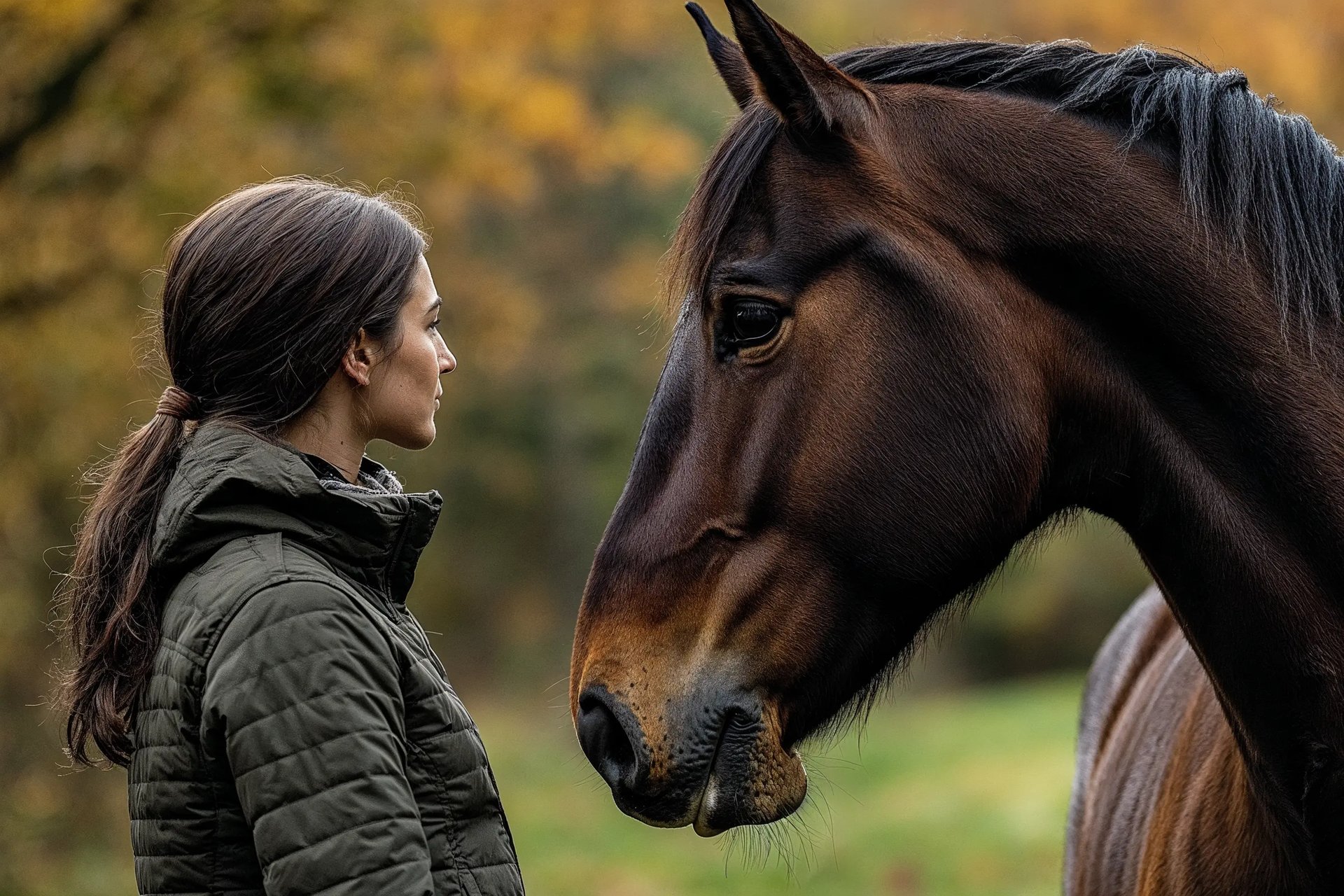 a woman standing next to a horse in a field