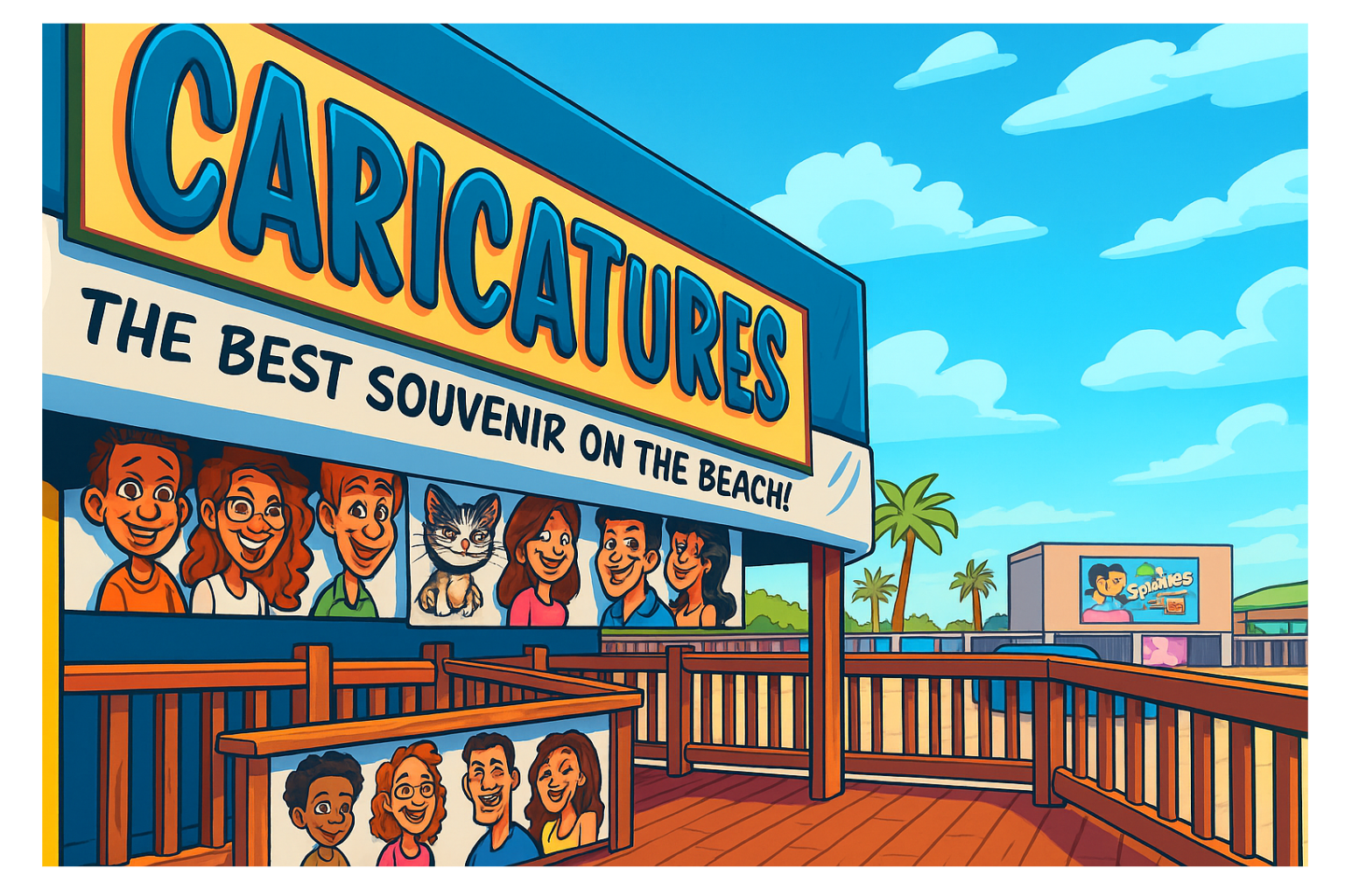 Color cartoon of caricature booth at the beach.