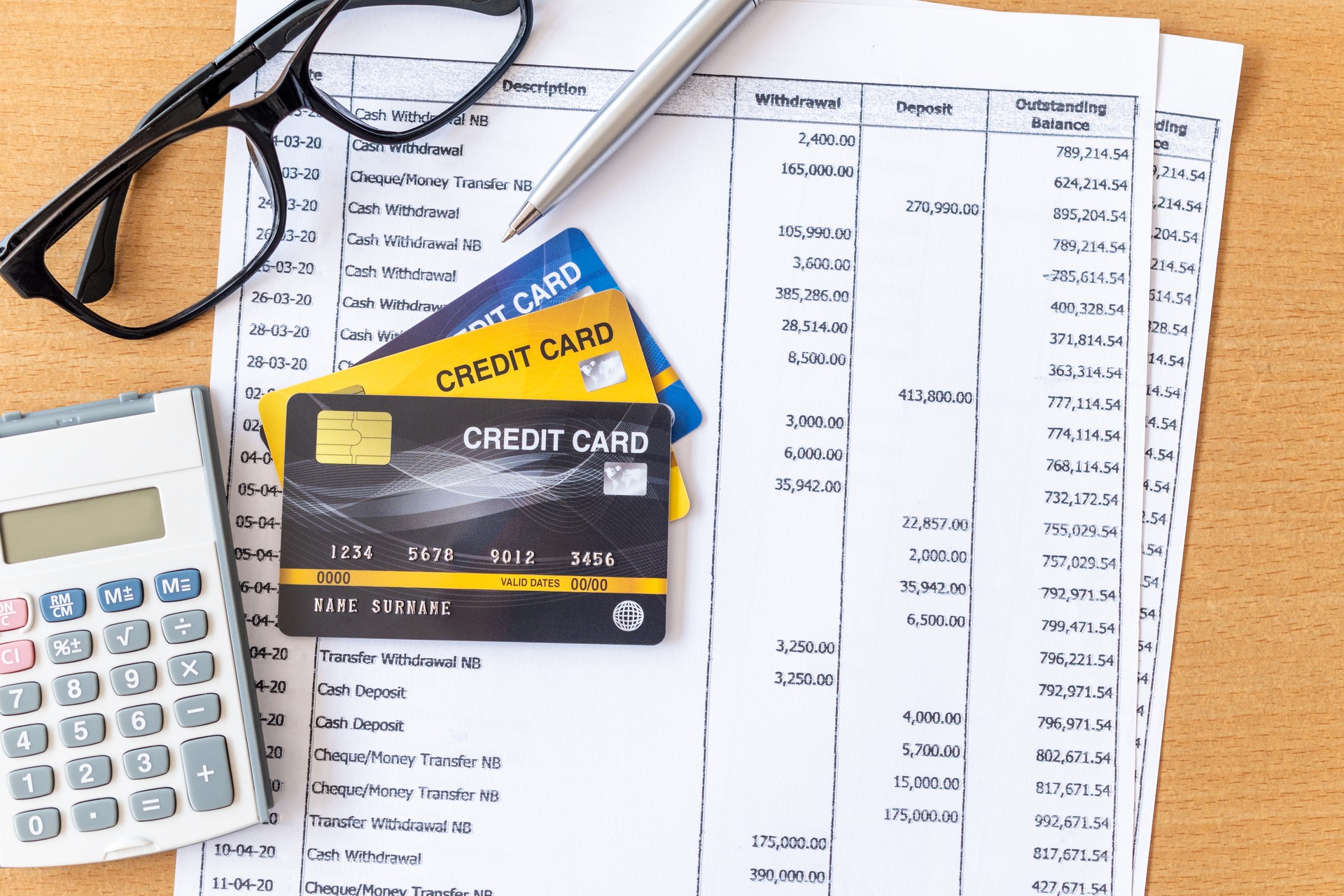 glasses a calculator and credit card for managing credit