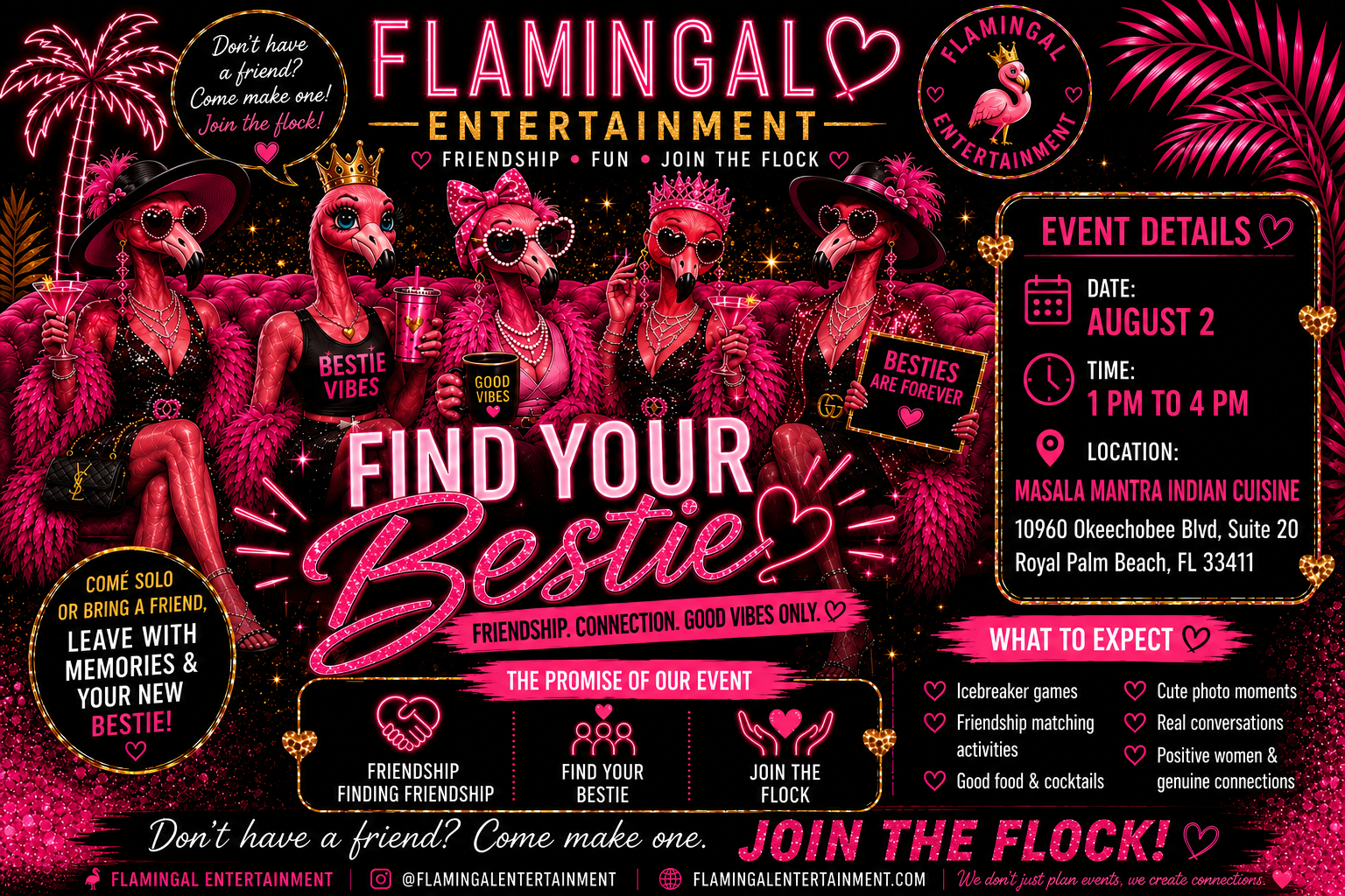 Flamingal Entertainment event flyer for Find Your Bestie at Masala Mantra Indian Cuisine in Royal Palm Beach.