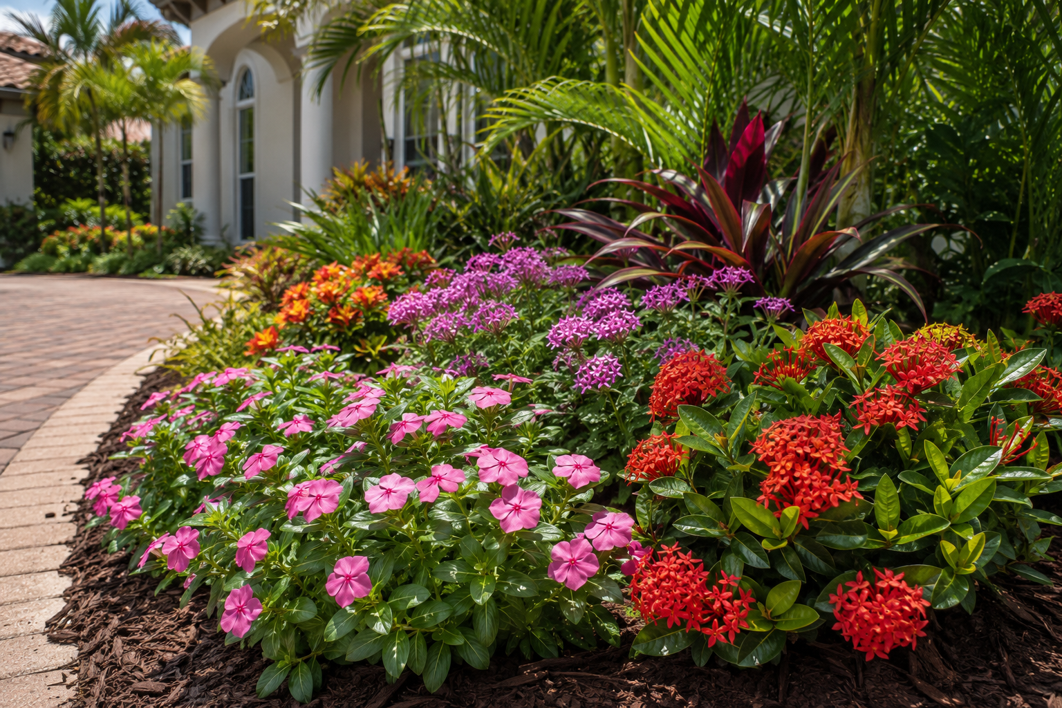 Lush tropical garden landscaping with colorful flowers and palm trees along a brick walkway.