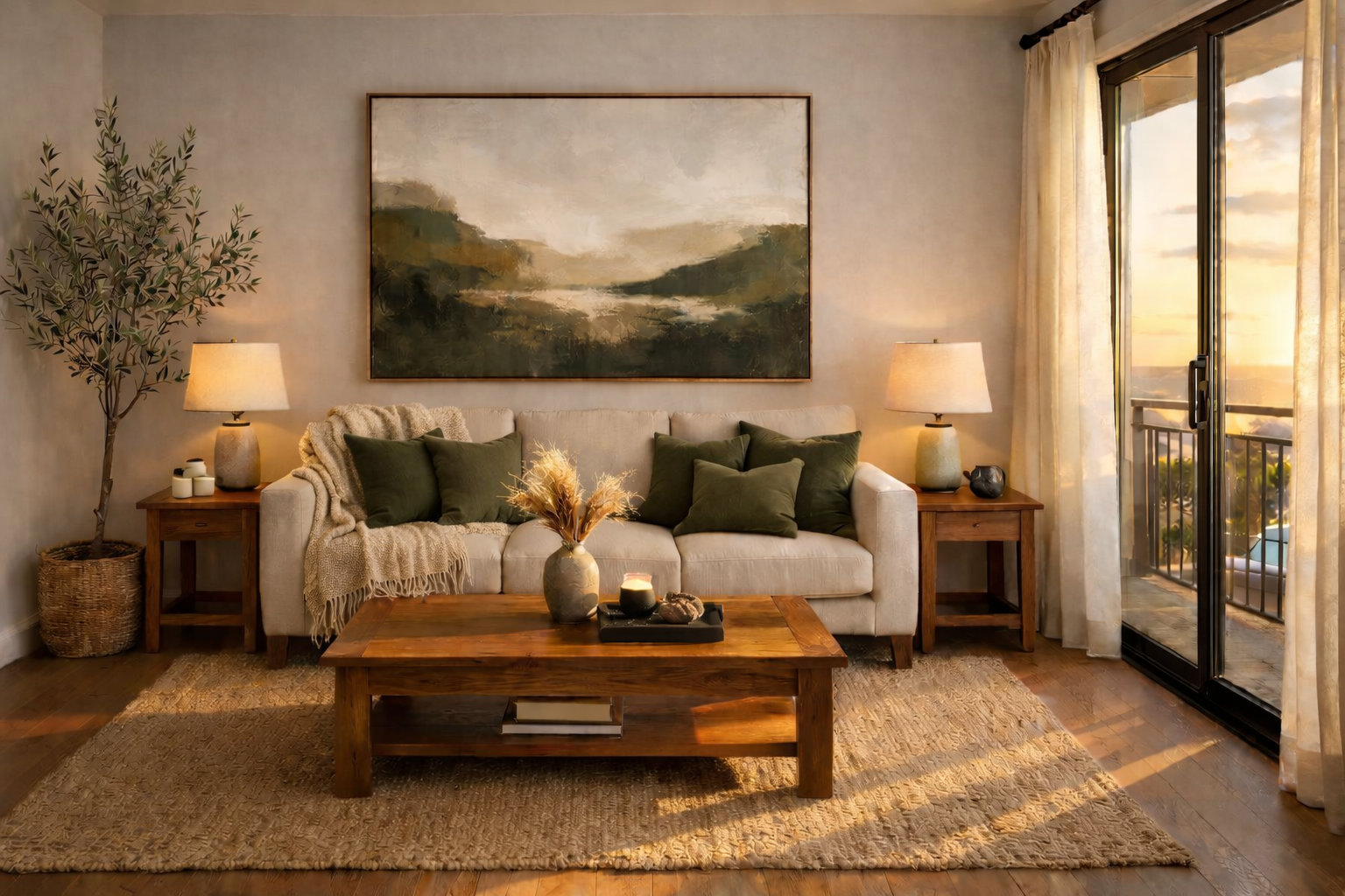 Moody short-term rental living room with deep olive accents, warm lamp lighting, and natural texture