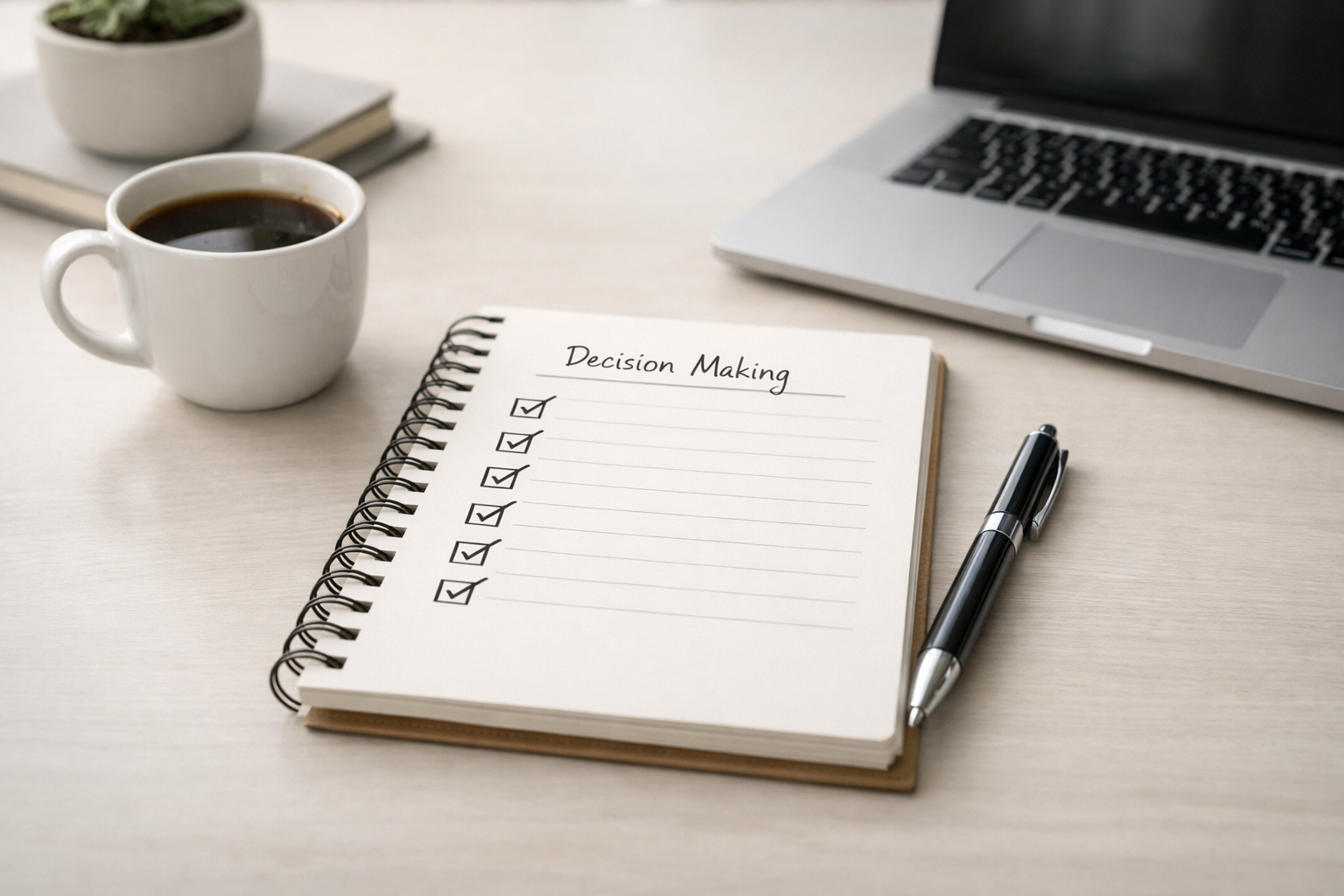 Spiral notebook with a decision making checklist on a desk with a laptop and coffee.