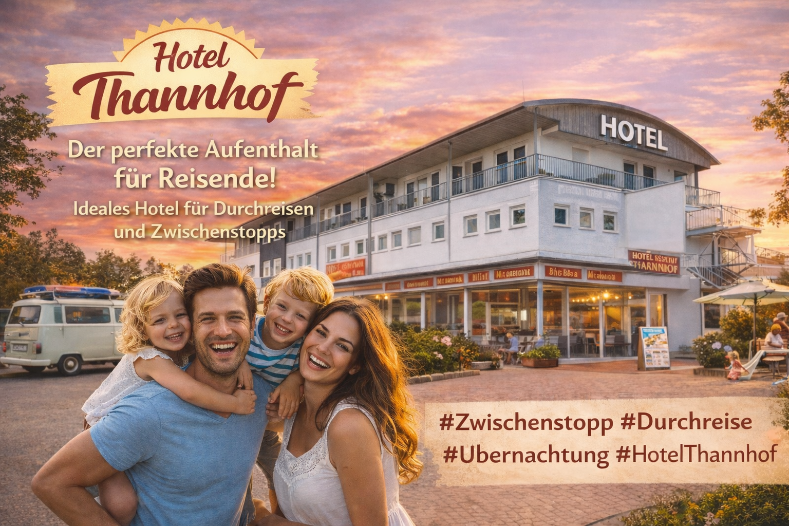 A happy family smiling in front of the family-friendly Hotel Thannhof, an ideal stopover for travelers.