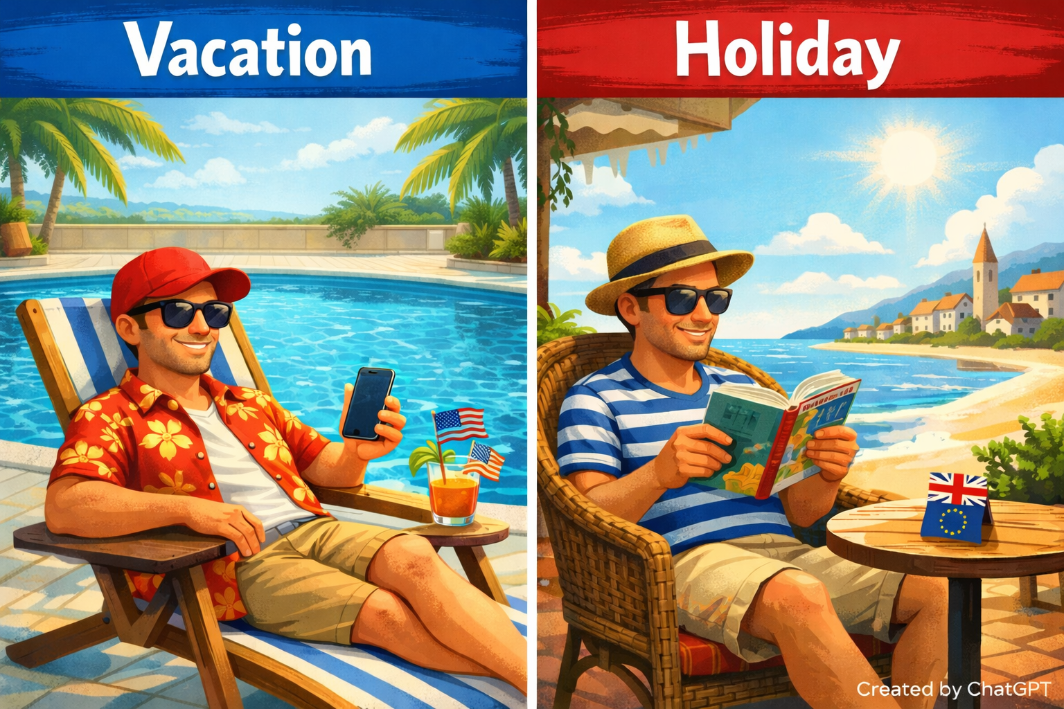 Comparison of American vacation at a pool and British holiday by the sea with travel keywords.