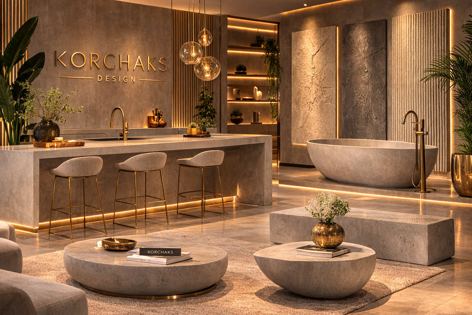 Showroom de design exibindo banheira, bancada e mobiliário em concreto autoral com iluminação