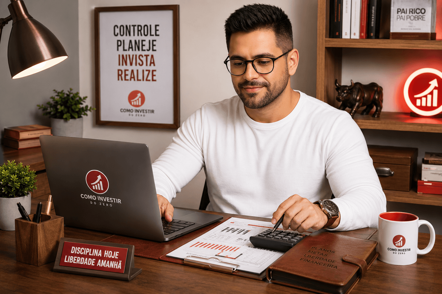 Homem de óculos analisando orçamento doméstico no notebook, em escritório com detalhes vermelhos, madeira e couro