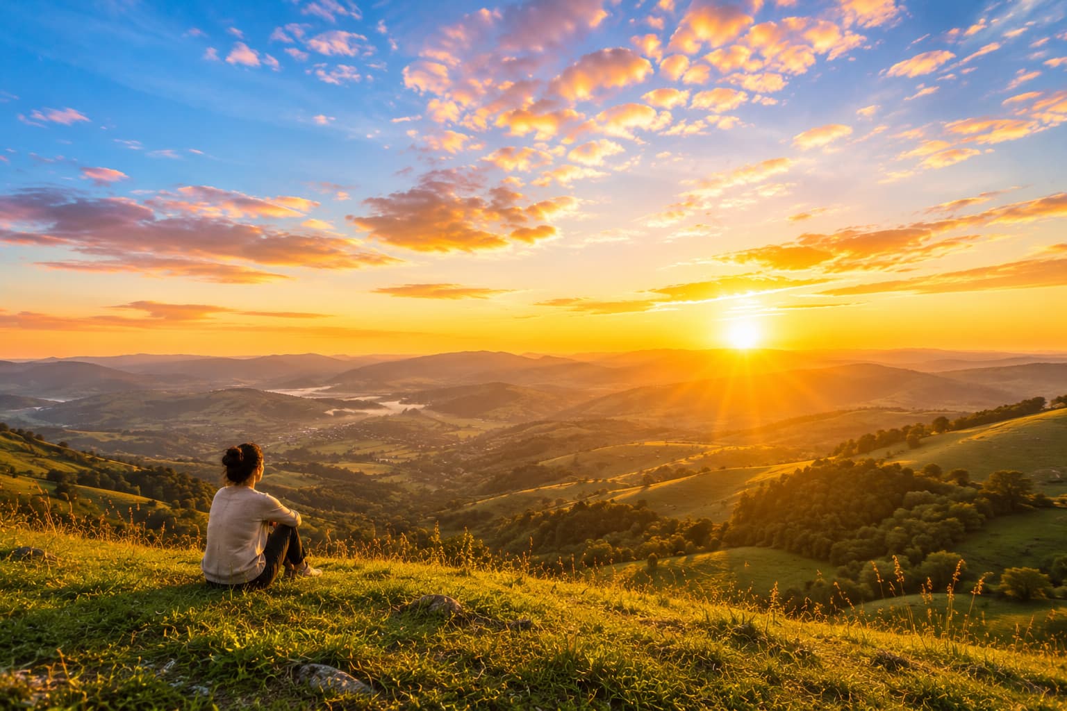 Pessoa contemplando o nascer do sol em momento de gratidão e bem-estar na natureza