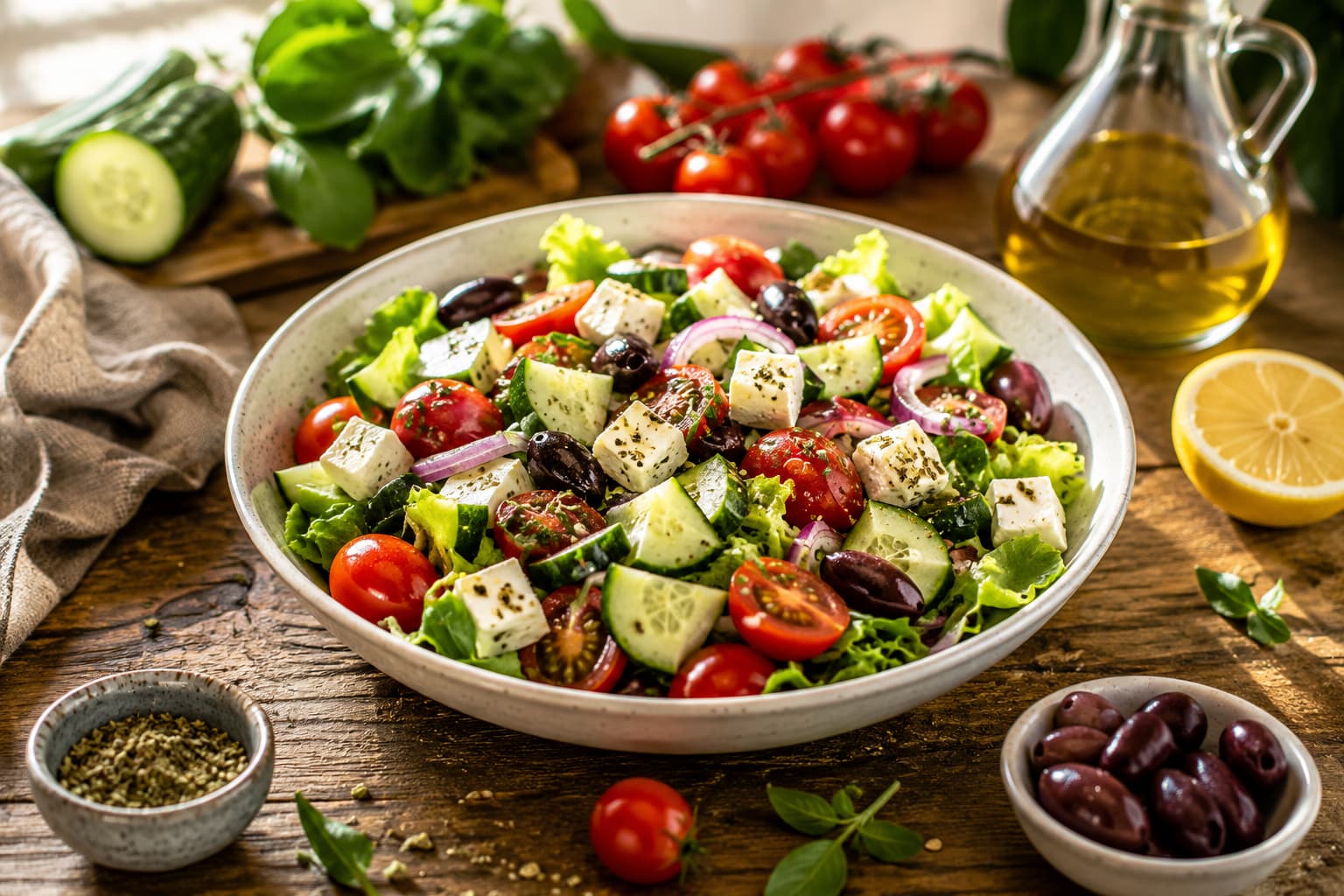 Receita de salada mediterrânea colorida com vegetais frescos