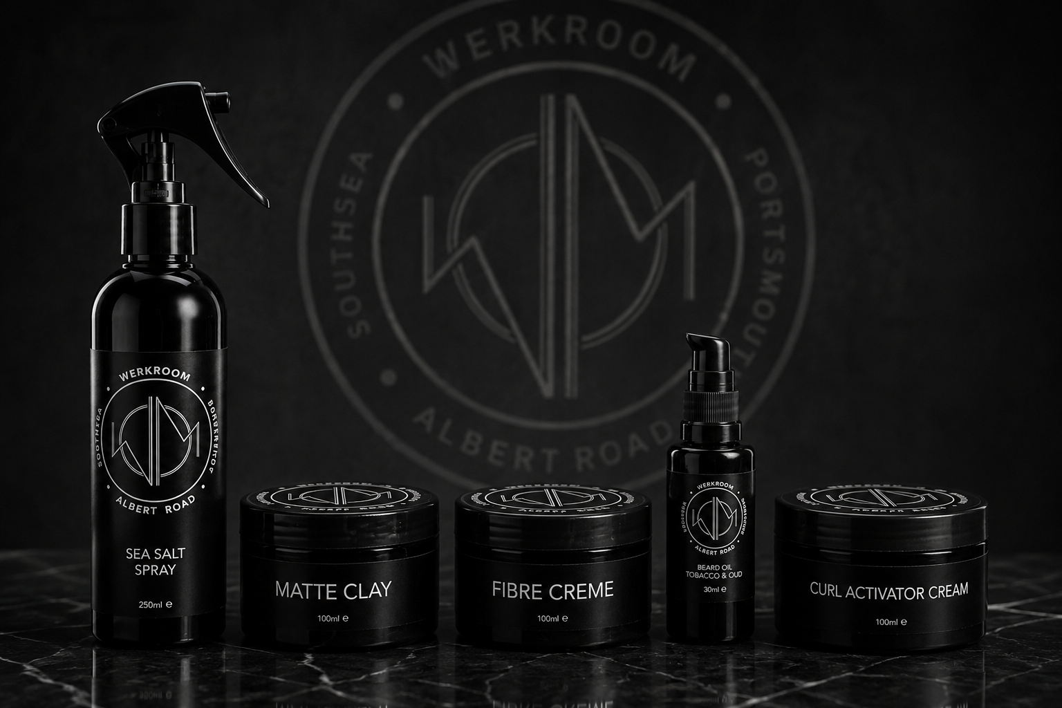 Werkroom Barbershop grooming products including beard oils, matte clay, sea salt spray and hair styl