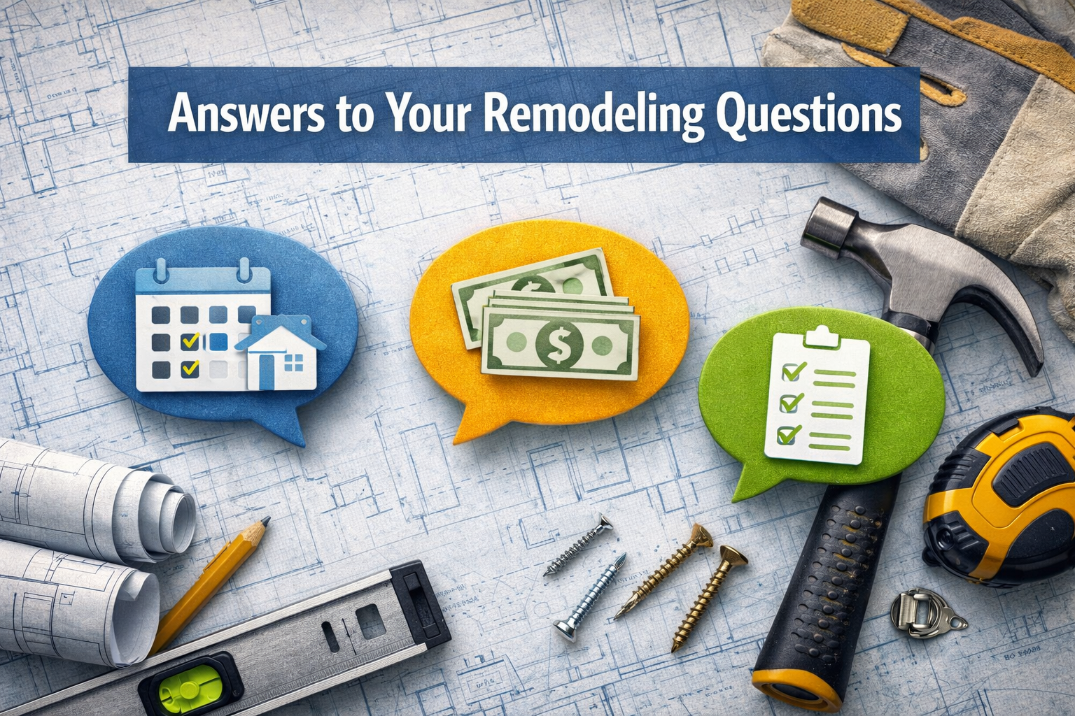 Home remodeling tools and blueprints with icons for project scheduling, budget, and planning.