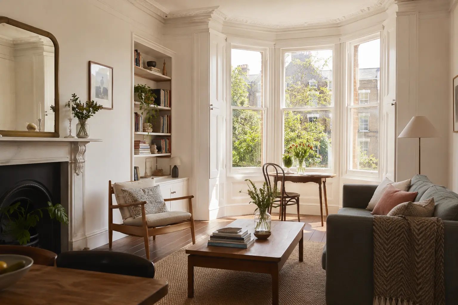 A bright, airy Victorian London living room showing a calm, organised space with minimal surfaces