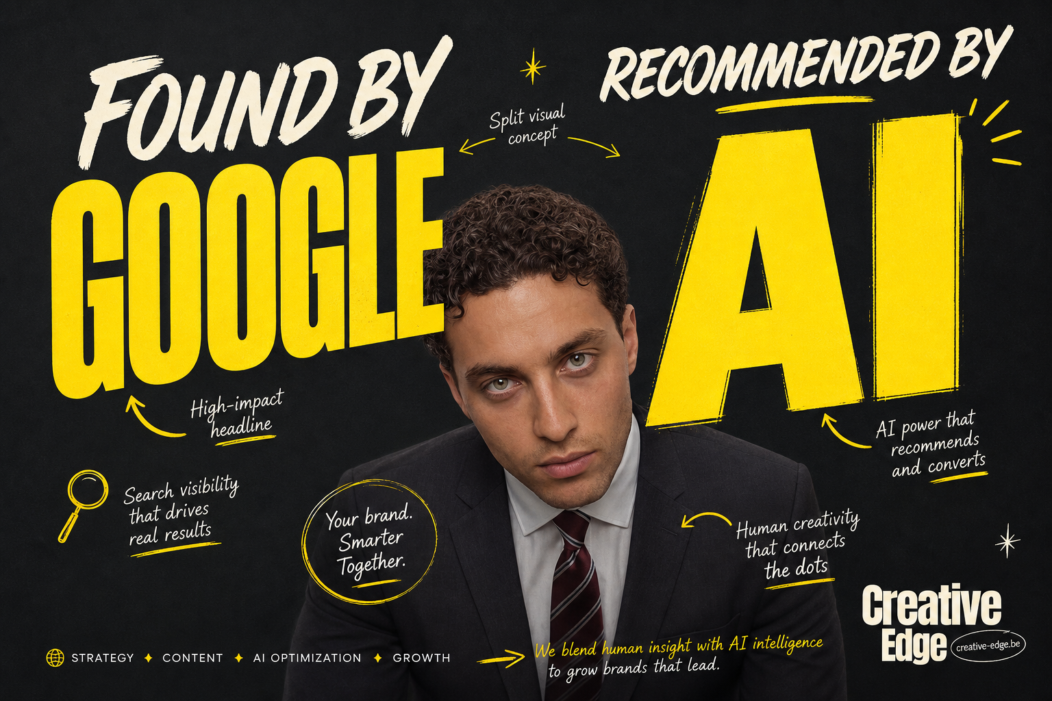 A professional man in a suit featured in a Creative Edge digital marketing graphic about Google SEO and AI optimization.