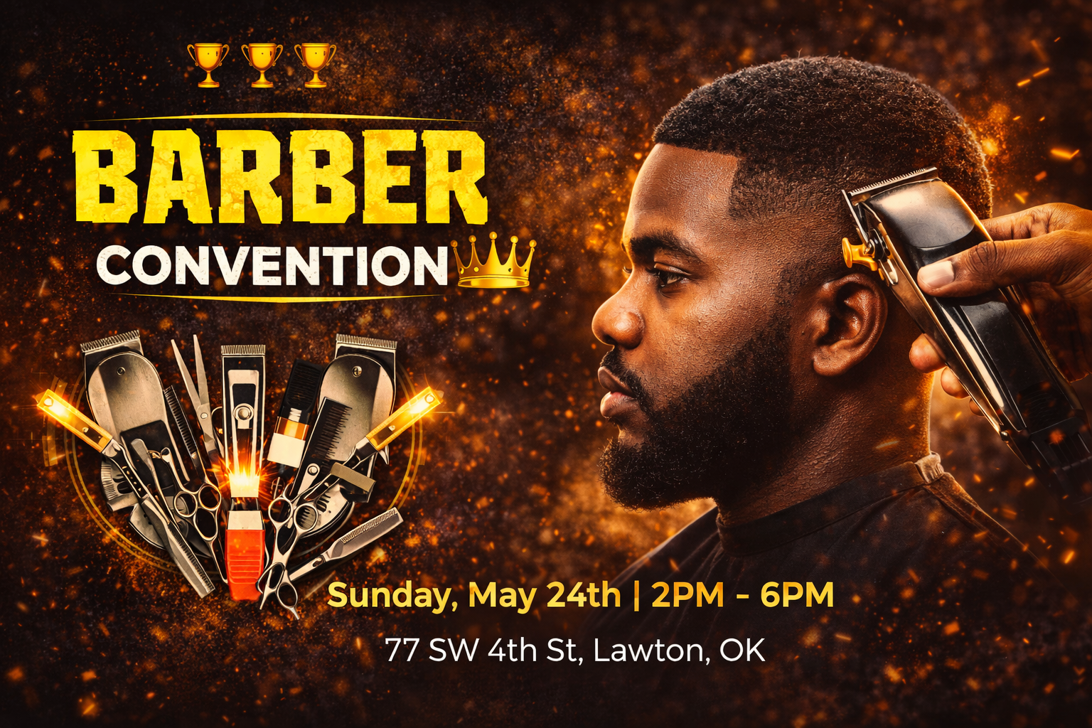"Lawton Barber Convention 2026 flyer featuring a barber cutting hair in Lawton OK on May 24th"