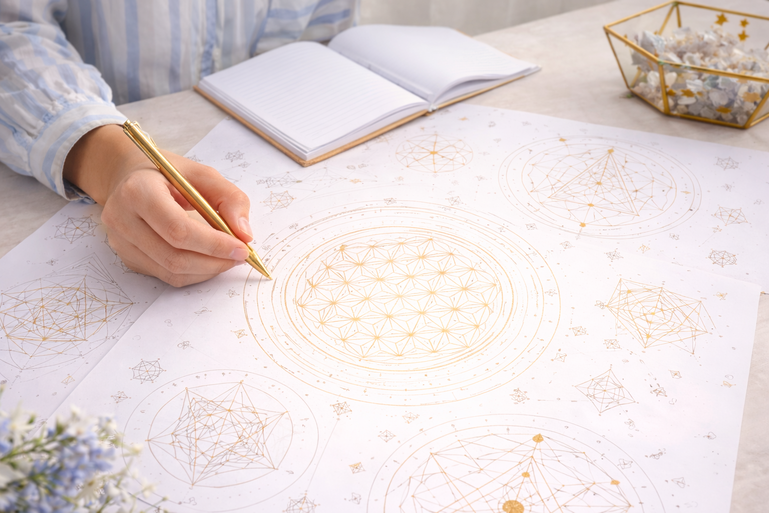 mulher trabalhando em geometria sagrada