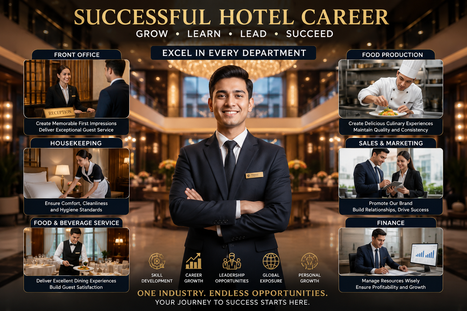 Various hotel career opportunities including front office, food production, and finance.
