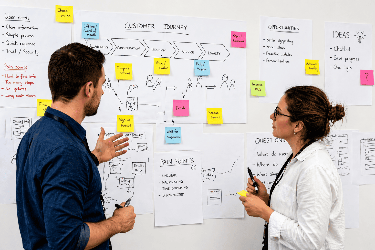 Two people discuss a customer journey map on a wall covered with diagrams and sticky notes.