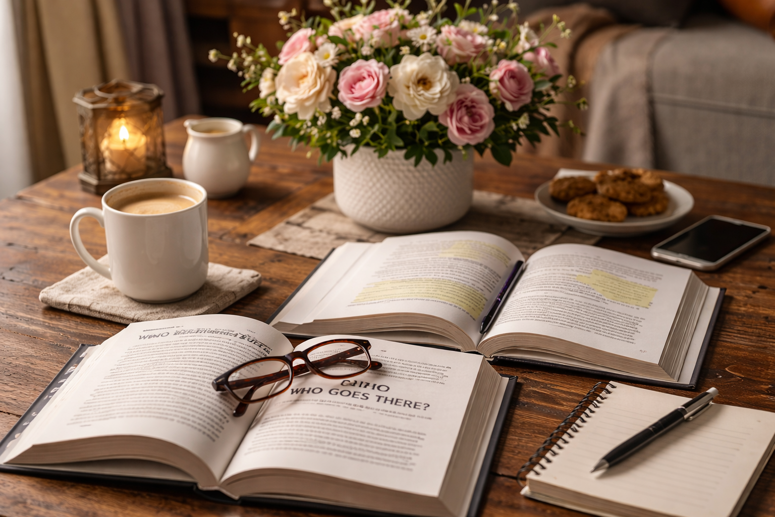 Open books on wood table with coffee, flowers, and cookies