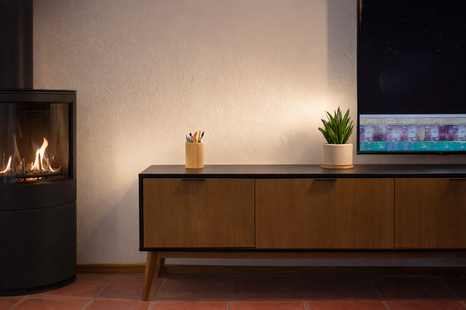 Modern wooden sideboard next to a burning fireplace with a potted snake plant and decor.