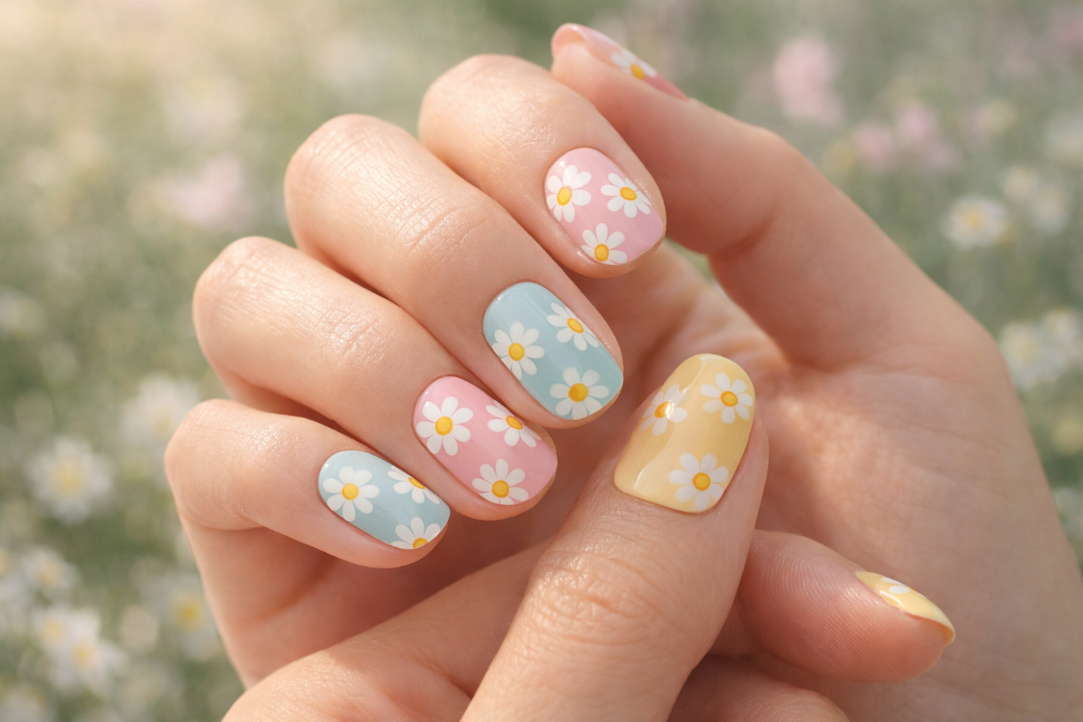 Hand with pastel pink, blue, and yellow daisy floral nail art manicure design.