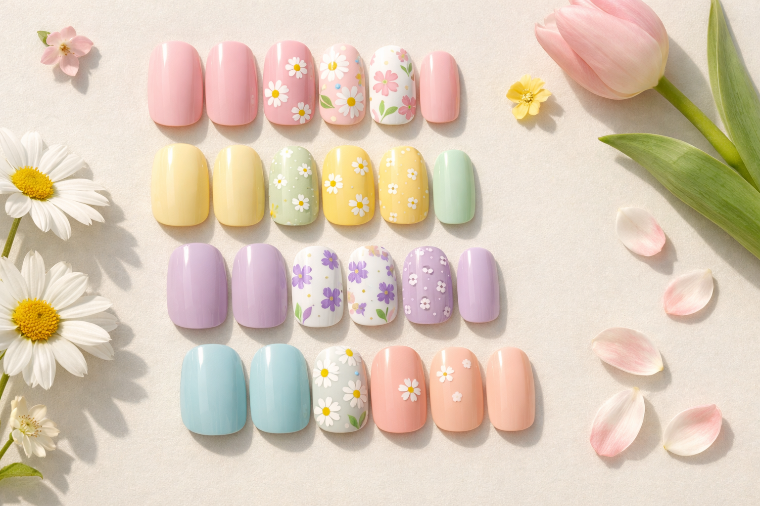 Spring pastel press-on nails with floral daisy patterns and tulip accents on a white background.