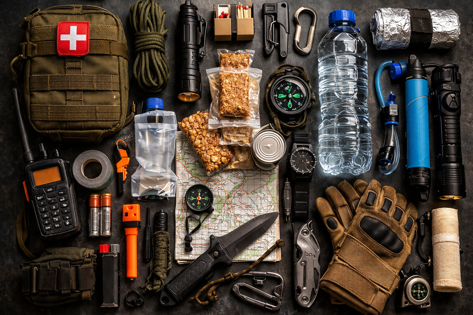 A survival kit with emergency supplies including a first aid kit, water bottle, map, and tactical gear.