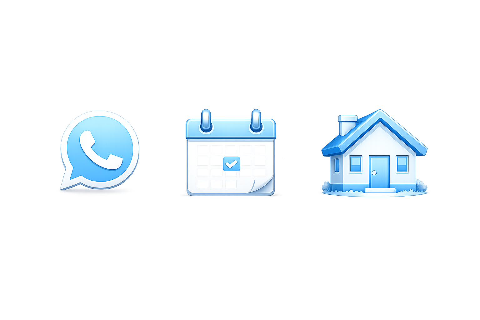 Light blue glossy icons for phone chat, calendar schedule, and house homepage on a black background.