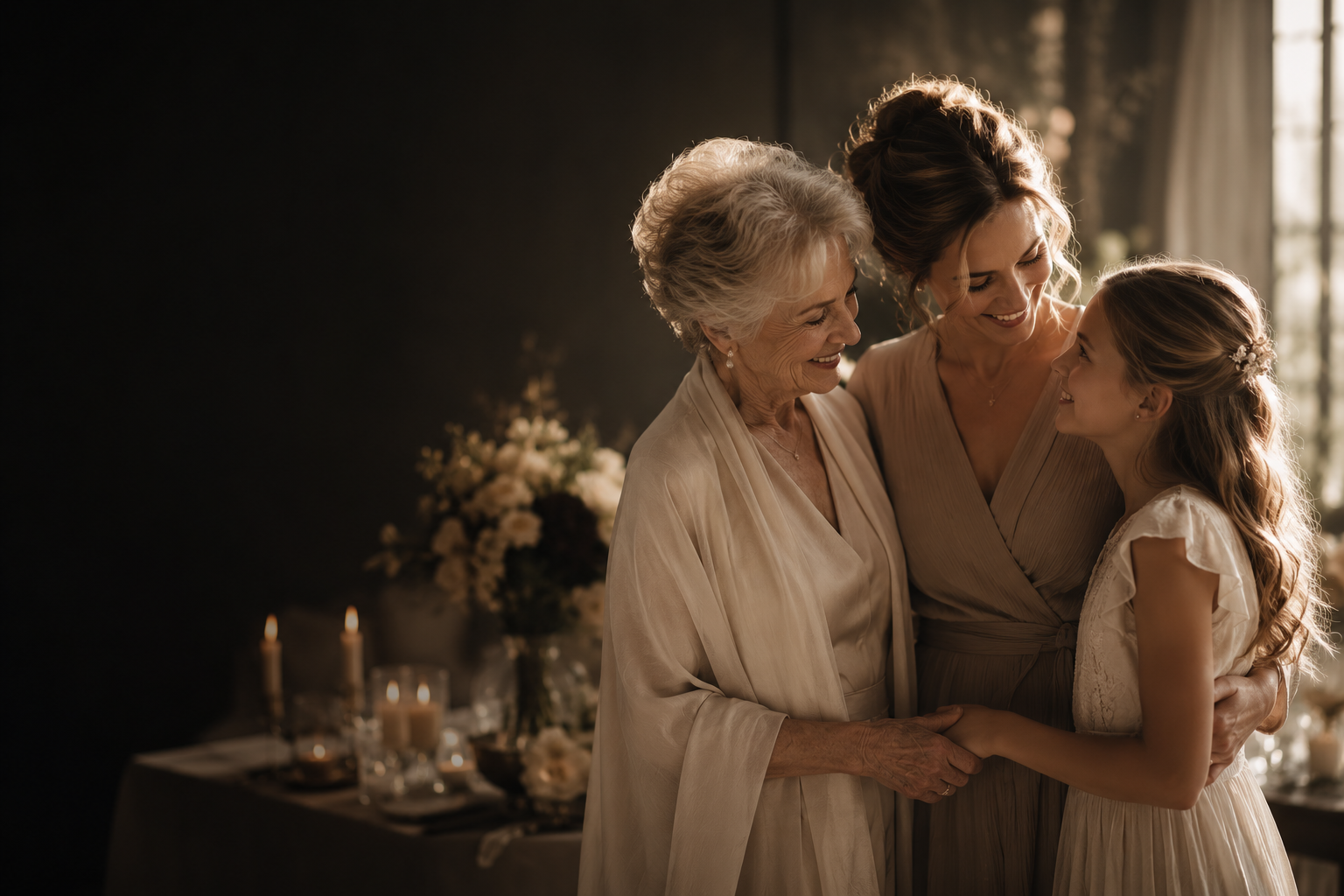 Drie generaties vrouwen delen een warm moment op een huwelijksreceptie met elegant kaarslicht.