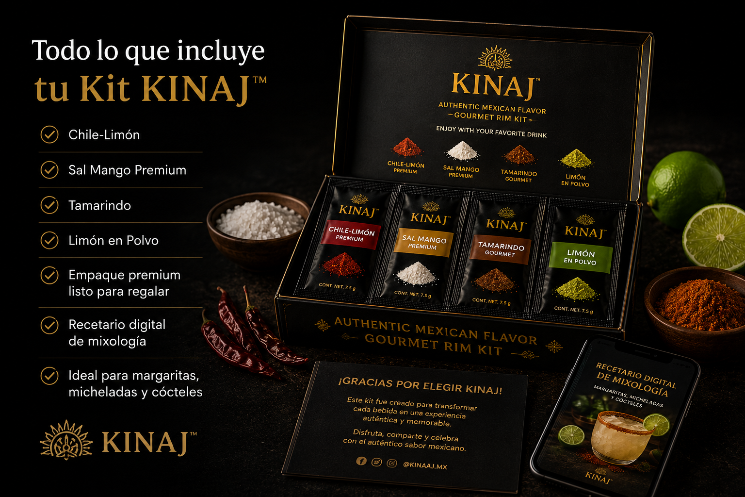 KINAJ™ Kit Gourmet para escarchar bebidas con sabores premium mexicanos: chile-limón, sal mango, tam
