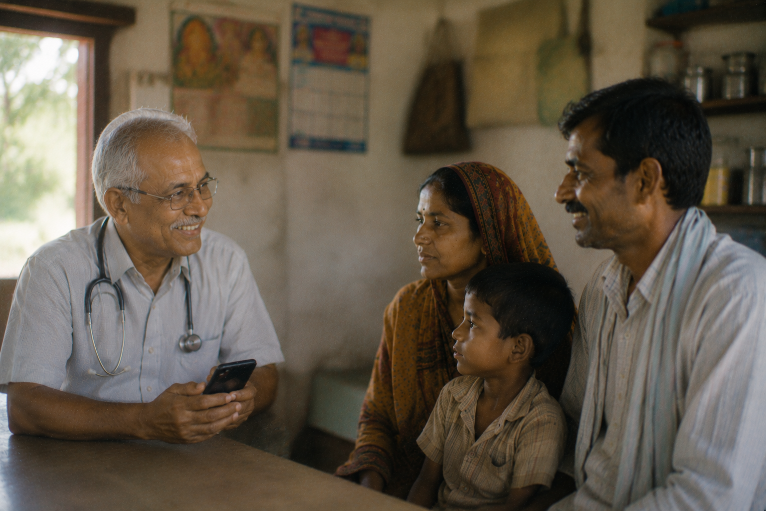 A rural doctor in India uses a smartphone during a medical consultation with a local family.