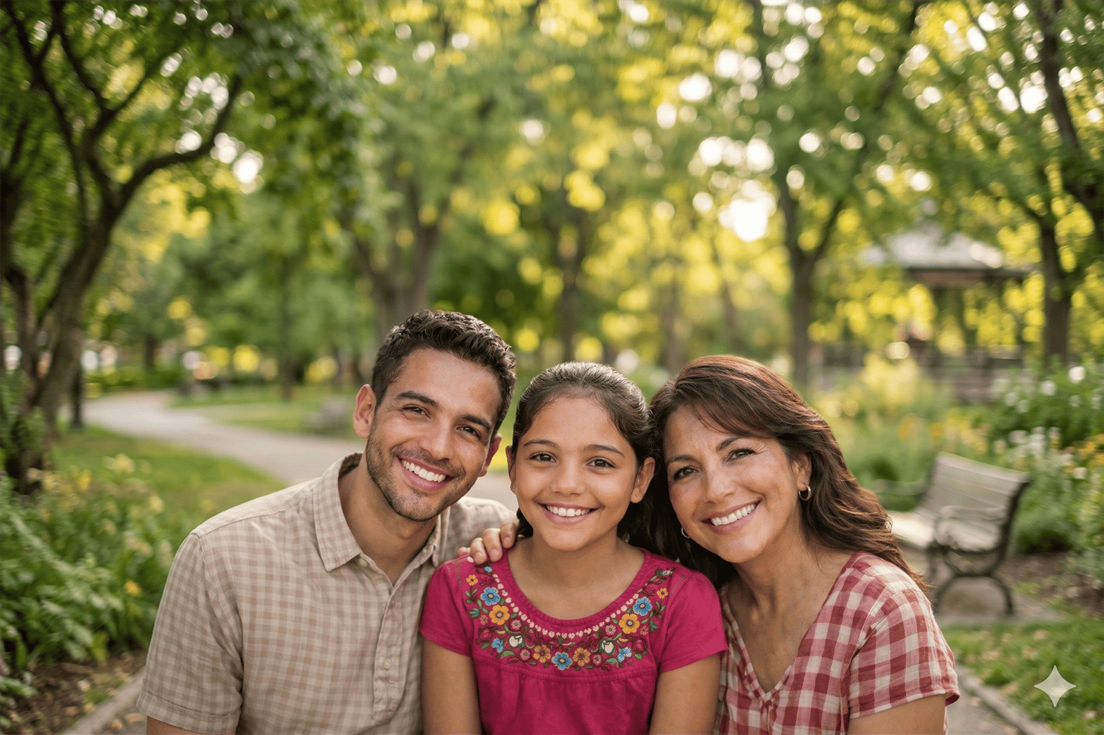Una feliz familia de tres miembros sonríe junta durante una soleada tarde en un frondoso parque. 