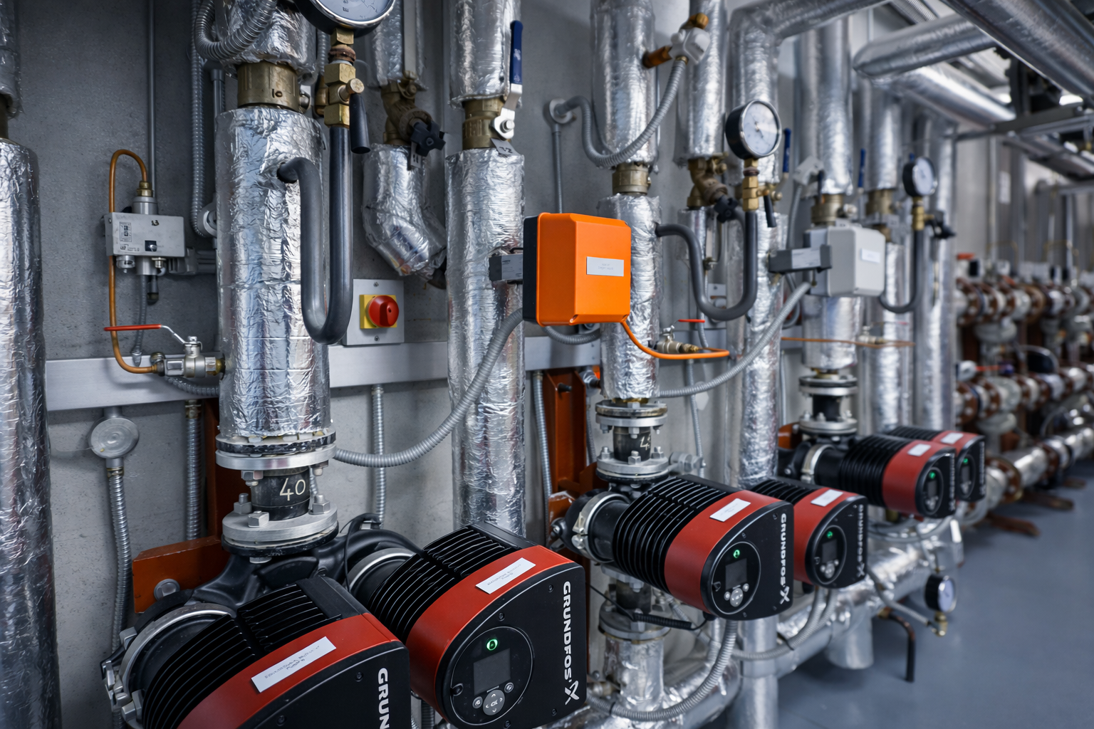 Industrial heating system with Grundfos circulation pumps and insulated silver piping in a boiler room.