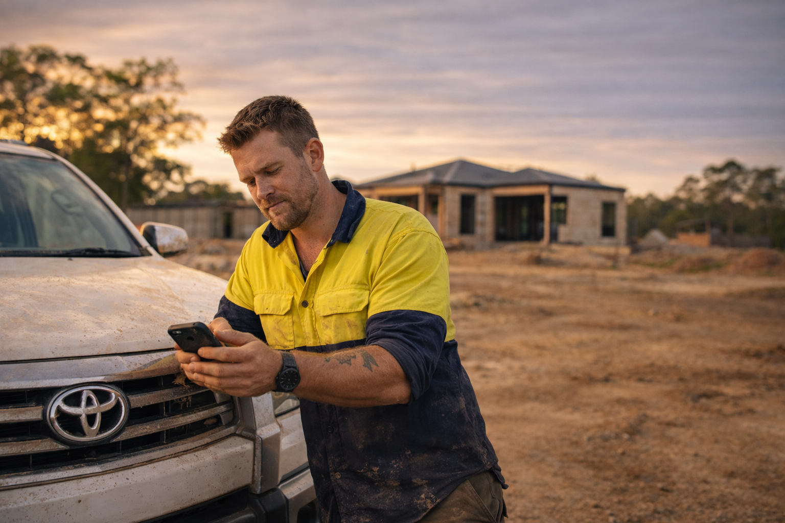 Australian tradie checking job schedule beside work ute