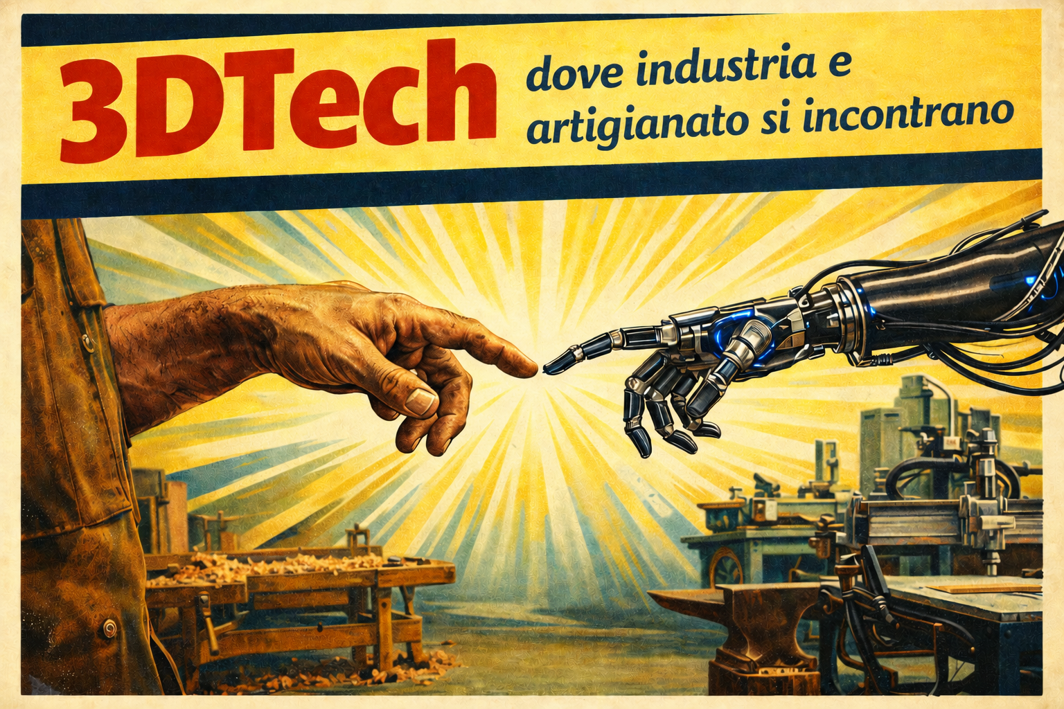 Manifesto vintage che raffigura una mano umana e un braccio robotico che si toccano