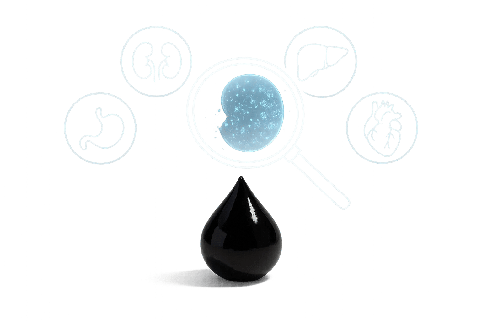 A clean clinical background with a large white surface. A single black Shilajit resin drop.