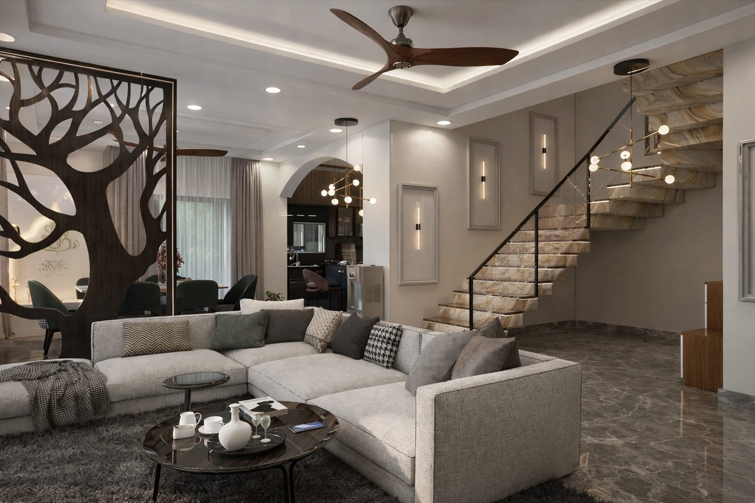 Modern luxury living room featuring a grey sectional sofa, marble stairs, and stylish wood partition.